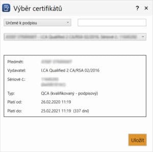 Výběr certifikátu v programu PDF Signer+